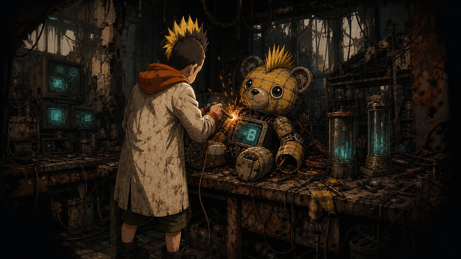 ブレイキーが廃墟の工房で火花を散らしながらB²を組み立てている